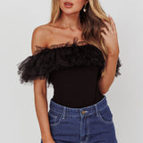 Opera Night Tulle Off-Shoulder Bodysuit Black