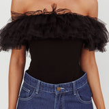 Opera Night Tulle Off-Shoulder Bodysuit Black