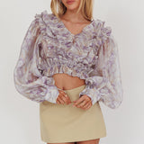 Forever Young Balloon Sleeves Cropped Blouse Purple Multi