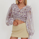 Forever Young Balloon Sleeves Cropped Blouse Purple Multi