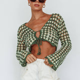 Maycie Long Sleeve Crochet Crop Top Green Multi