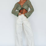 Maycie Long Sleeve Crochet Crop Top Green Multi