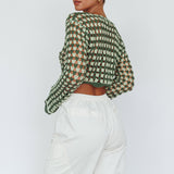 Maycie Long Sleeve Crochet Crop Top Green Multi