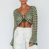 Maycie Long Sleeve Crochet Crop Top Green Multi