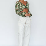 Maycie Long Sleeve Crochet Crop Top Green Multi