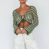 Maycie Long Sleeve Crochet Crop Top Green Multi