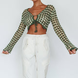 Maycie Long Sleeve Crochet Crop Top Green Multi