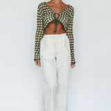 Maycie Long Sleeve Crochet Crop Top Green Multi