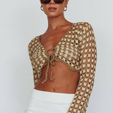Maycie Long Sleeve Crochet Crop Top Taupe Multi