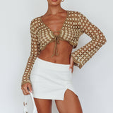 Maycie Long Sleeve Crochet Crop Top Taupe Multi