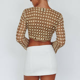 Maycie Long Sleeve Crochet Crop Top Taupe Multi