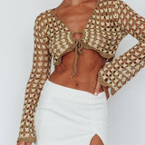 Maycie Long Sleeve Crochet Crop Top Taupe Multi