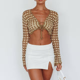 Maycie Long Sleeve Crochet Crop Top Taupe Multi