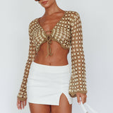 Maycie Long Sleeve Crochet Crop Top Taupe Multi