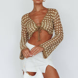Maycie Long Sleeve Crochet Crop Top Taupe Multi