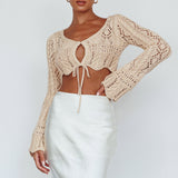 Maycie Long Sleeve Crochet Crop Top Beige