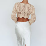Maycie Long Sleeve Crochet Crop Top Beige