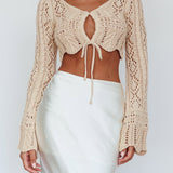 Maycie Long Sleeve Crochet Crop Top Beige