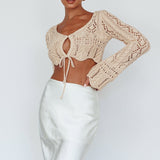 Maycie Long Sleeve Crochet Crop Top Beige