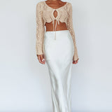 Maycie Long Sleeve Crochet Crop Top Beige