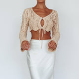 Maycie Long Sleeve Crochet Crop Top Beige