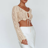 Maycie Long Sleeve Crochet Crop Top Beige