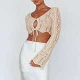 Maycie Long Sleeve Crochet Crop Top Beige