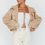 Kya Button Front Shearling Jacket Khaki