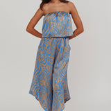 Tongue Tied Printed Strapless Jumpsuit Blue