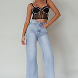Stop And Stare Diamante Trim Crop Top Black