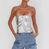 Belgium Strapless Lace-Up Back Top Sequin Silver