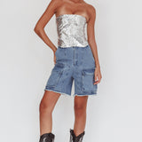 Belgium Strapless Lace-Up Back Top Sequin Silver