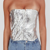 Belgium Strapless Lace-Up Back Top Sequin Silver