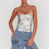 Belgium Strapless Lace-Up Back Top Sequin Silver