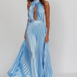 Monarch Pleated Satin Maxi Dress Light Blue