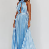 Monarch Pleated Satin Maxi Dress Light Blue