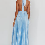 Monarch Pleated Satin Maxi Dress Light Blue