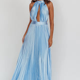 Monarch Pleated Satin Maxi Dress Light Blue