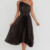 Calissa One Shoulder Pleated Midi Dress Black