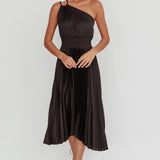 Calissa One Shoulder Pleated Midi Dress Black