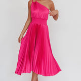 Calissa One Shoulder Pleated Midi Dress Magenta