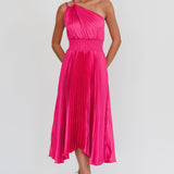 Calissa One Shoulder Pleated Midi Dress Magenta