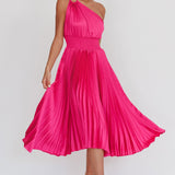 Calissa One Shoulder Pleated Midi Dress Magenta