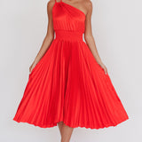 Calissa One Shoulder Pleated Midi Dress Red