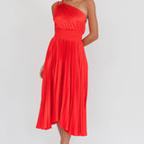 Calissa One Shoulder Pleated Midi Dress Red