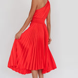 Calissa One Shoulder Pleated Midi Dress Red