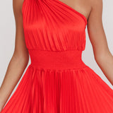 Calissa One Shoulder Pleated Midi Dress Red