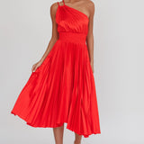 Calissa One Shoulder Pleated Midi Dress Red