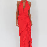 Libre Plunging Halter Ruffle Maxi Dress Red