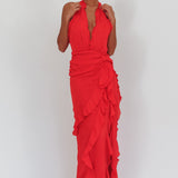 Libre Plunging Halter Ruffle Maxi Dress Red
